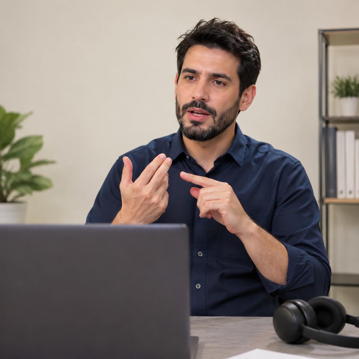 A professional sign language interpreter signing toward a laptop camera during a remote session.